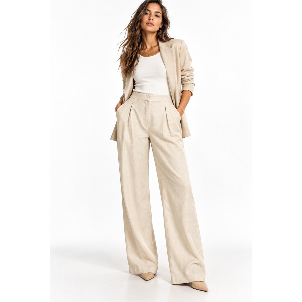 H&M Linen Blend High Waisted Pleated Wide Leg Trousers Cream Beige Size 10 NEW
